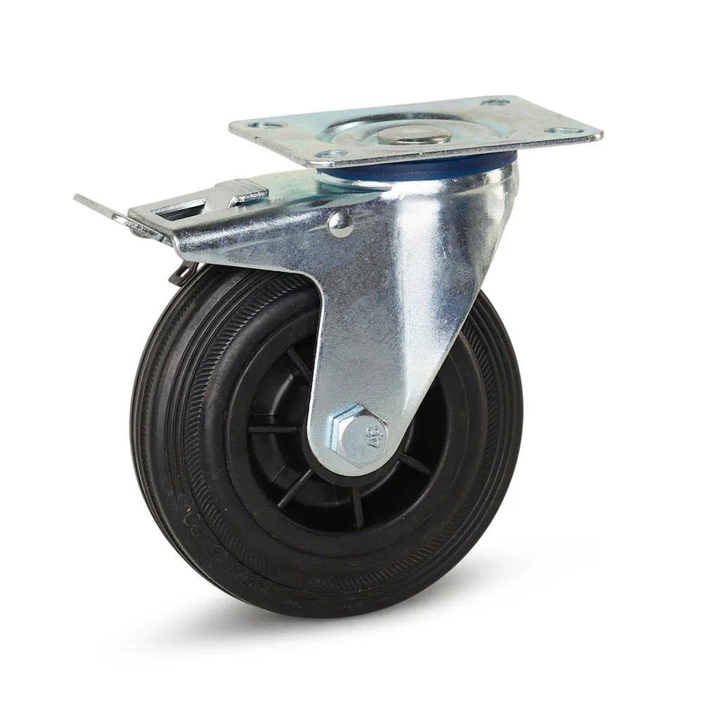 Zwenkwiel rubber geremd met montageplaat - Ø125mm - 90kg Zwenkwiel rubber geremd met montageplaat - Ø125mm - 90kg