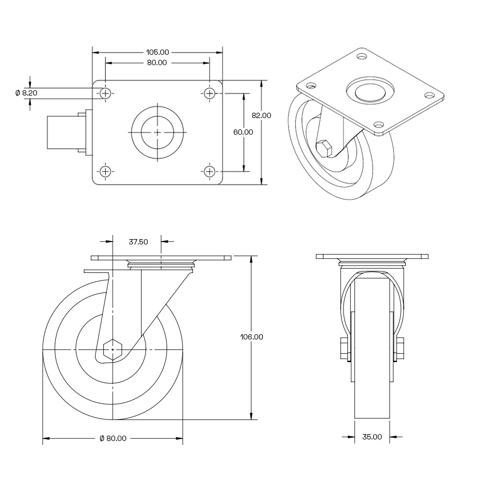 Nylon RVS zwenkwiel met topplaat - 80mm - 140kg