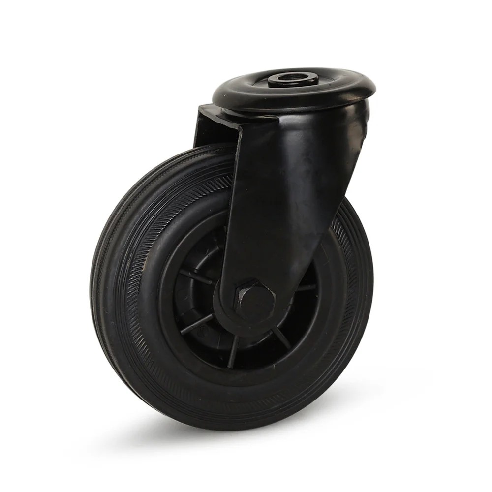 Rubber zwenkwiel zwart 125mm - centraal gat - 120kg draagvermogen Rubber zwenkwiel zwart 125mm - centraal gat - 120kg draagvermogen