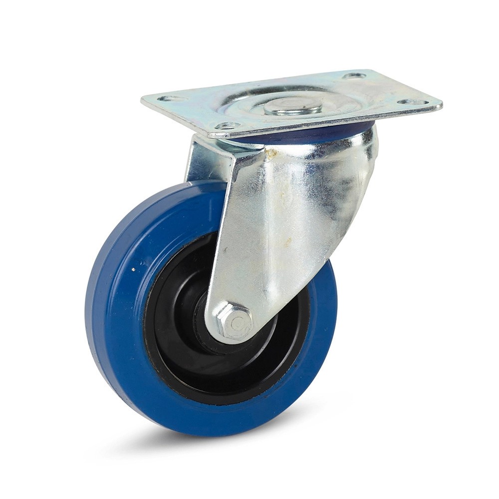 Zwenkwiel elastisch rubber blauw met topplaat - Ø100mm - 100kg