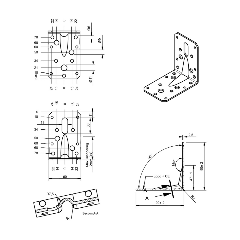 Hoekanker ril 90 x 90 x 60 x 2.5 mm verzinkt | FixMasters Hoekanker ril 90 x 90 x 60 x 2.5 mm verzinkt | FixMasters