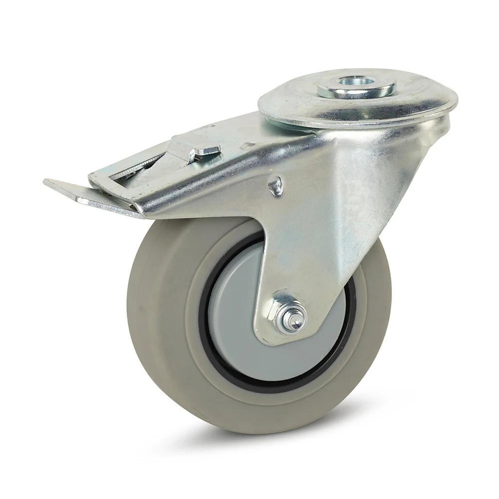 Geremd zwenkwiel grijs rubber met centraal gat - Ø100mm - 150kg Geremd zwenkwiel grijs rubber met centraal gat - Ø100mm - 150kg