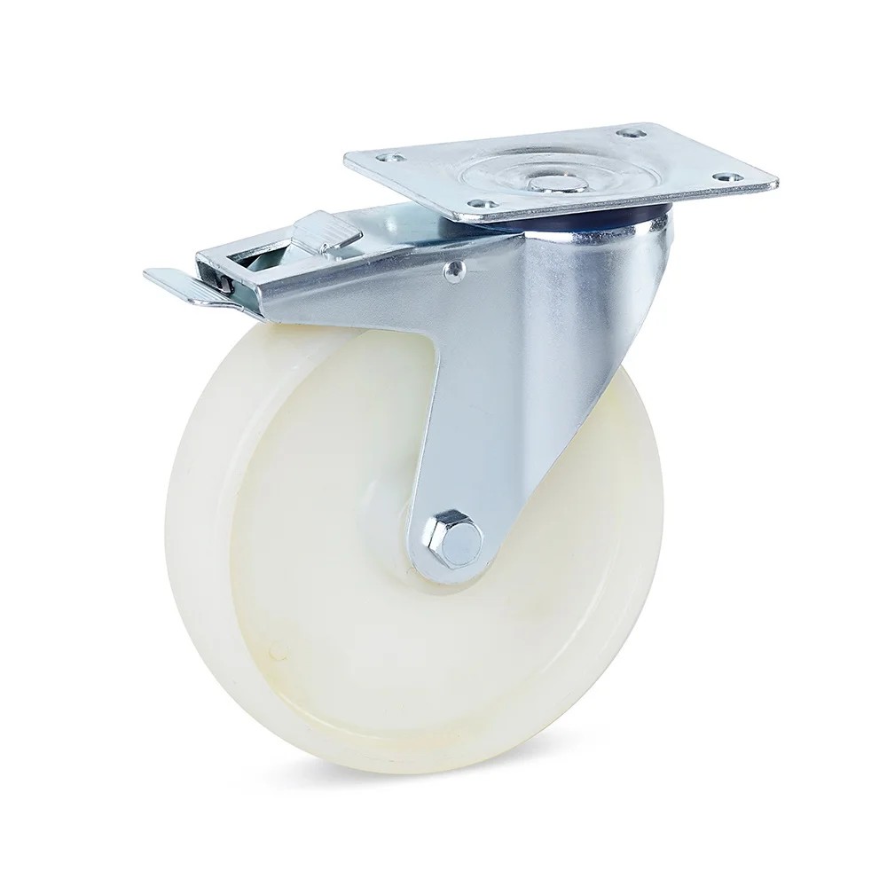 Nylon zwenkwiel geremd met topplaat - 200mm - 400kg Nylon zwenkwiel geremd met topplaat - 200mm - 400kg