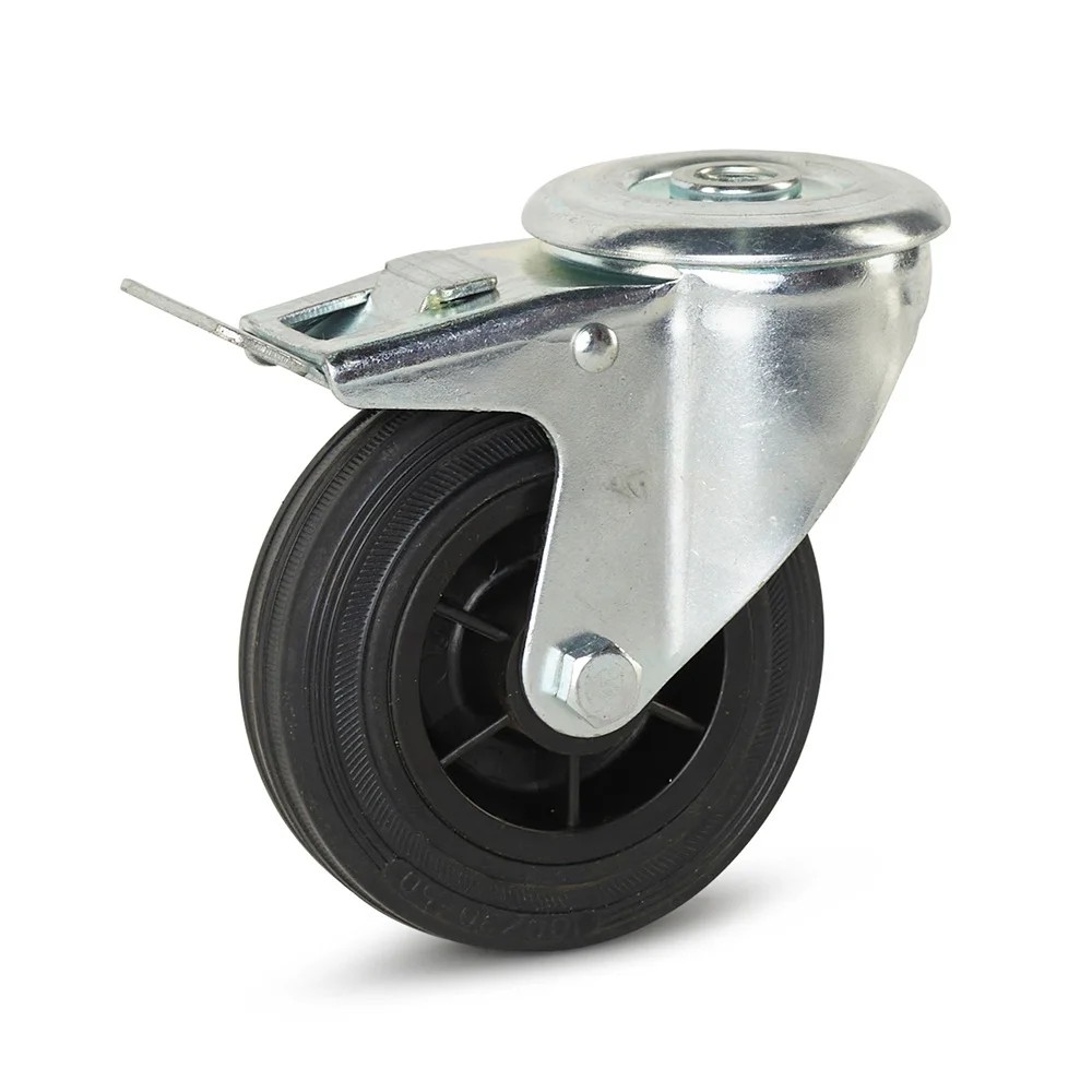 Zwenkwiel rubber geremd met centraal gat - 100mm - 100kg