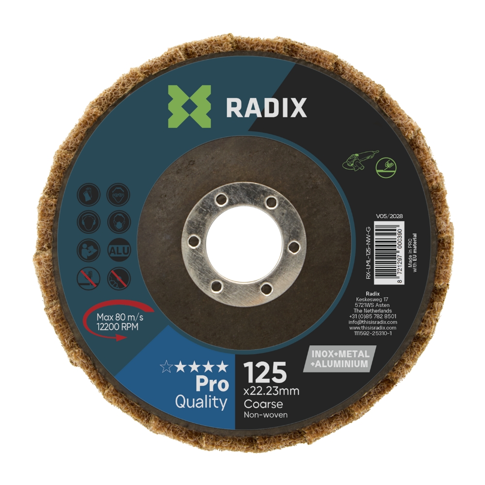 Radix - Lamellenschijf Non-woven - Polijstschijf Inox/Staal/Aluminium - 125 x 22,23 mm - Grof Radix - Lamellenschijf Non-woven - Polijstschijf Inox/Staal/Aluminium - 125 x 22,23 mm - Grof