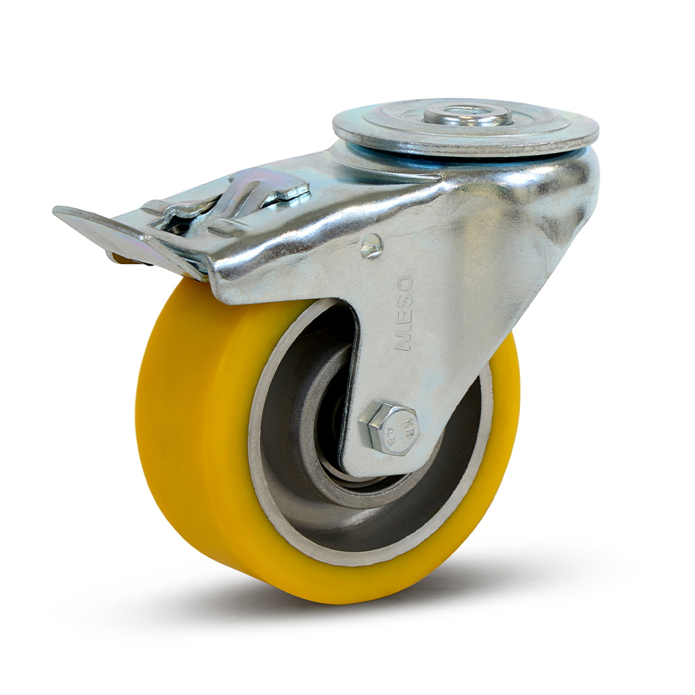 Zwenkwiel PU geremd met boutgat - Ø100mm - 350kg draagvermogen