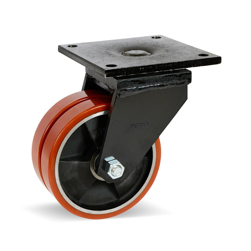 Dubbel PU extra zwaarlast zwenkwiel met topplaat - 200mm - 2200kg Dubbel PU extra zwaarlast zwenkwiel met topplaat - 200mm - 2200kg