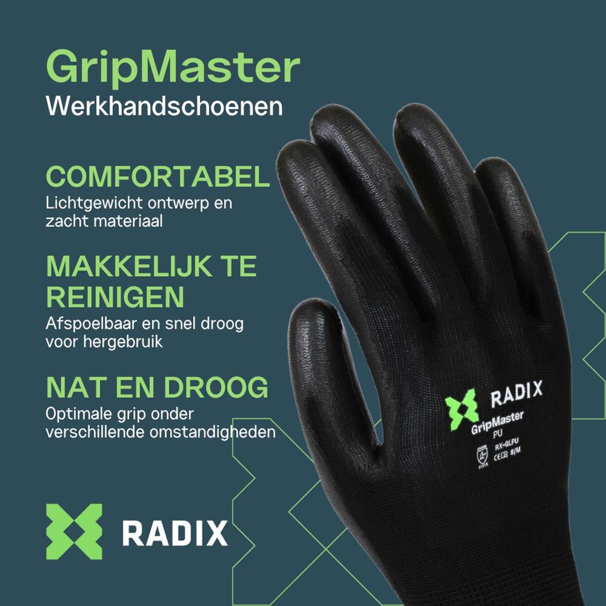 Radix gripmaster werkhandschoenen PU black M8 / m | FixMasters