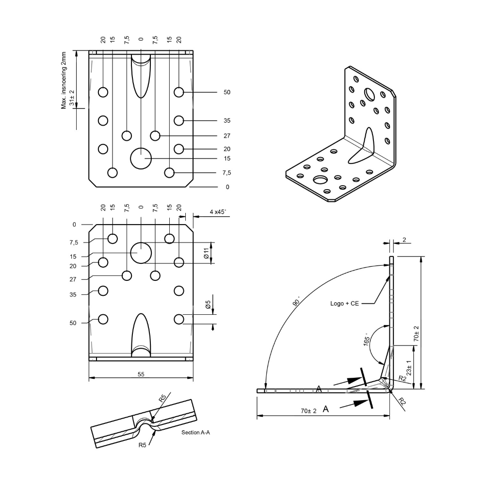 Hoekanker ril 70 x 70 x 55 x 2.5 mm zwart | FixMasters