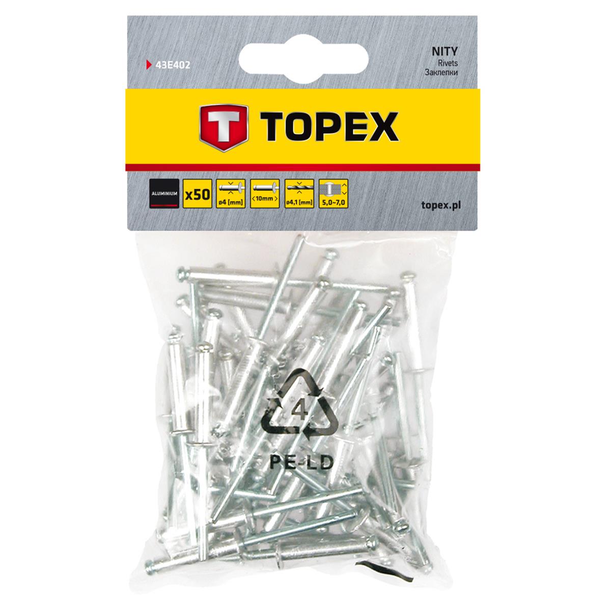 Topex - Blindklinknagels aluminium - 4,0 x 10mm (50 stuks) Topex - Blindklinknagels aluminium - 4,0 x 10mm (50 stuks)