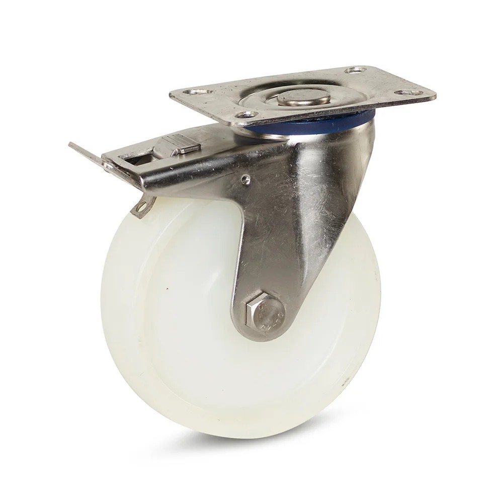 RVS zwenkwiel met rem en topplaat - nylon band 125mm - 220kg RVS zwenkwiel met rem en topplaat - nylon band 125mm - 220kg