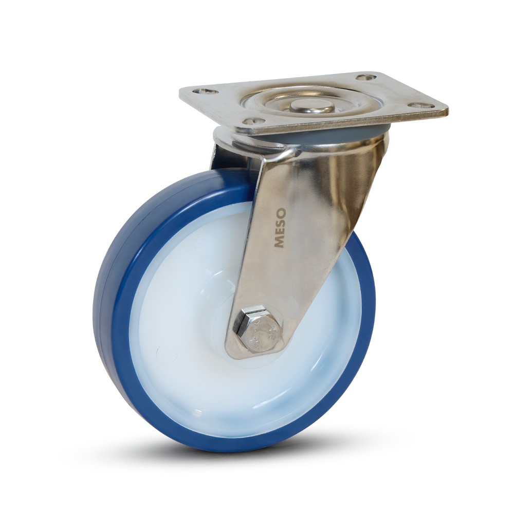 RVS Zwenkwiel met Blauwe PU-Band - 125mm - 220kg Draagkracht RVS Zwenkwiel met Blauwe PU-Band - 125mm - 220kg Draagkracht