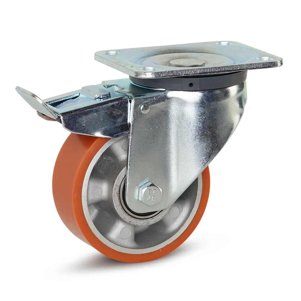 PU zwaarlast zwenkwiel geremd met topplaat - 125mm - 500kg