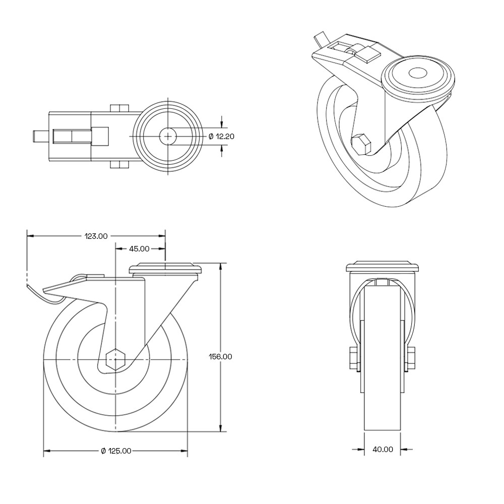 Grijs rubber zwenkwiel zwarte behuizing geremd met centraal gat - 125mm - 180kg