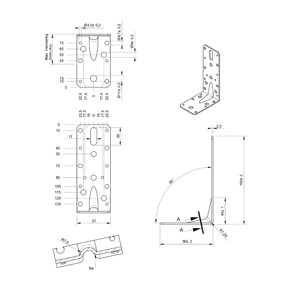 Hoekanker ril 150 x 90 x 60 x 2.5 mm zwart | FixMasters