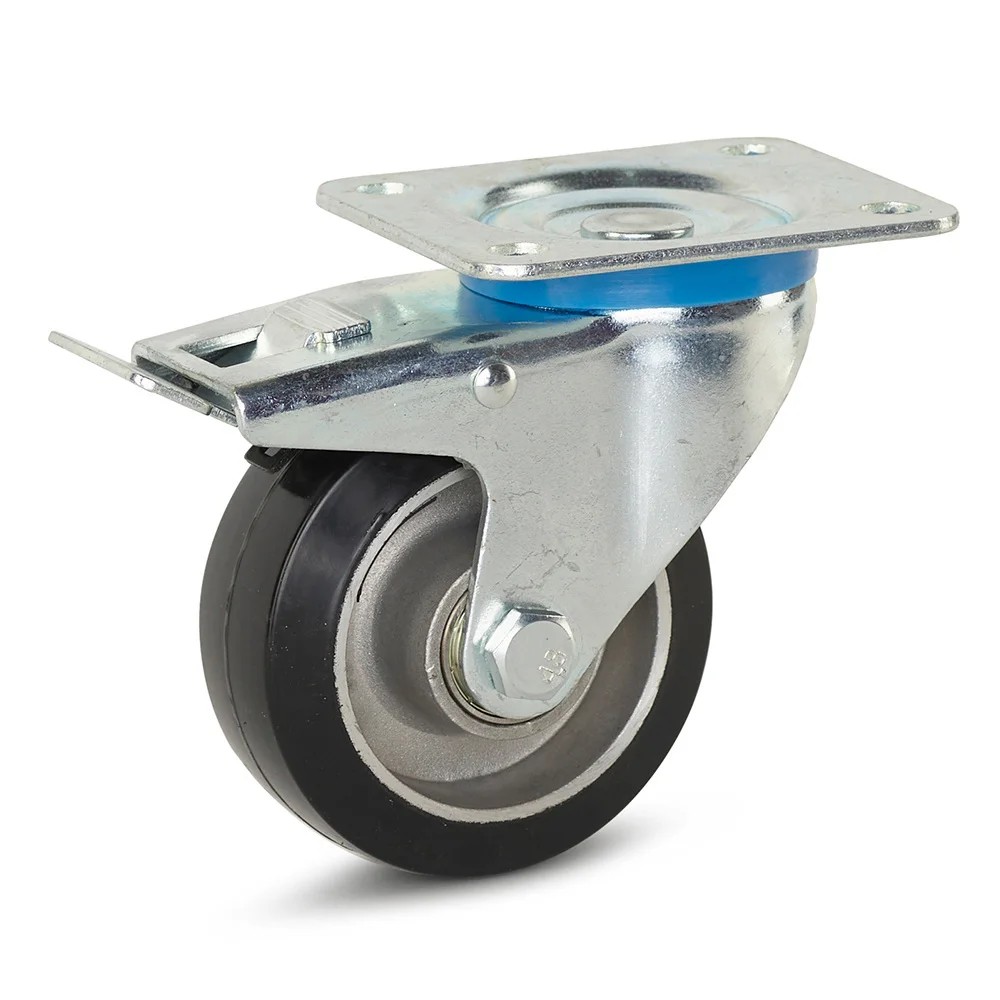 Geremd zwenkwiel zwart rubber met topplaat - 100mm - 220kg Geremd zwenkwiel zwart rubber met topplaat - 100mm - 220kg