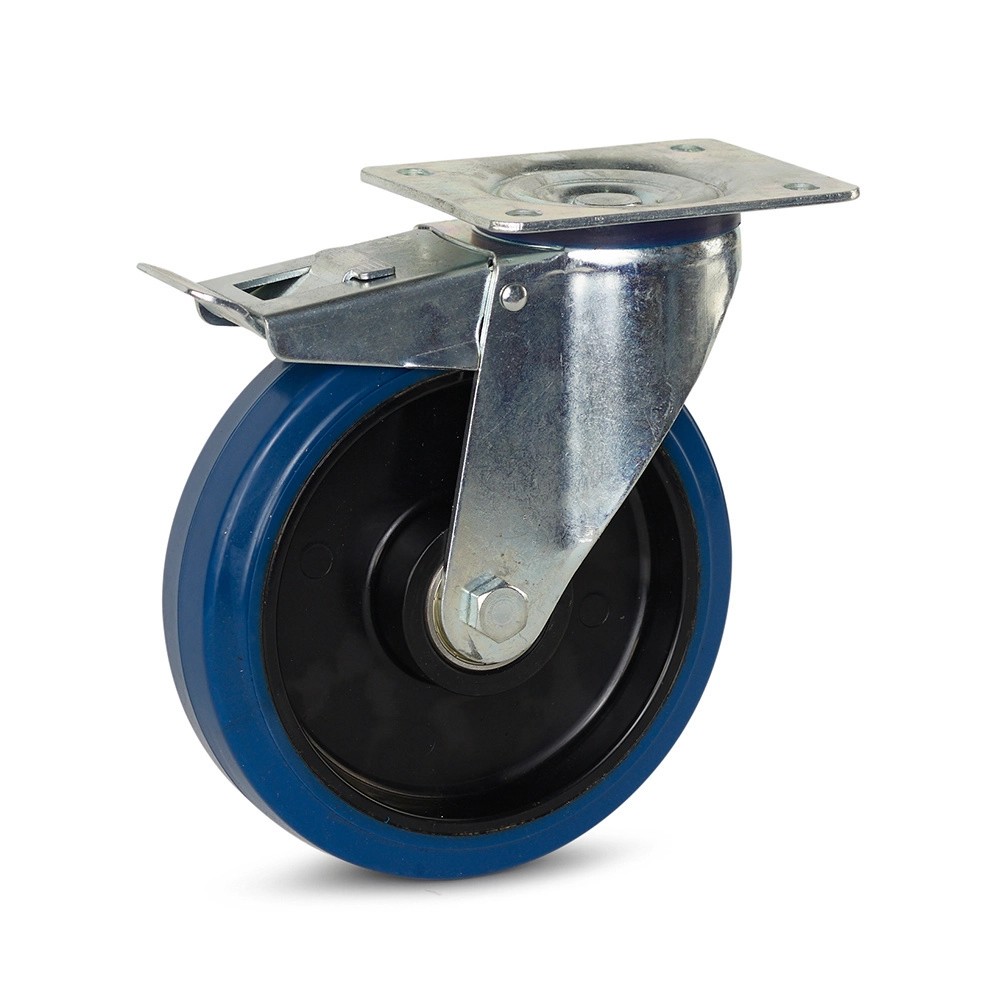 Zwenkwiel geremd elastisch rubber blauw - topplaat 200mm 350kg Zwenkwiel geremd elastisch rubber blauw - topplaat 200mm 350kg