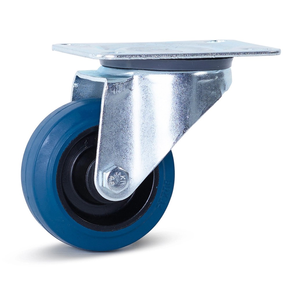 Zwenkwiel elastisch rubber met topplaat - blauw 80mm - 100kg Zwenkwiel elastisch rubber met topplaat - blauw 80mm - 100kg