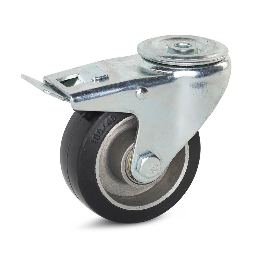 Zwart elastisch rubber zwenkwiel geremd met centraal gat - 100mm - 220kg Zwart elastisch rubber zwenkwiel geremd met centraal gat - 100mm - 220kg