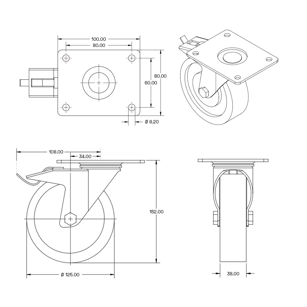 Geremd nylon zwenkwiel met topplaat - Ø125mm - 250kg