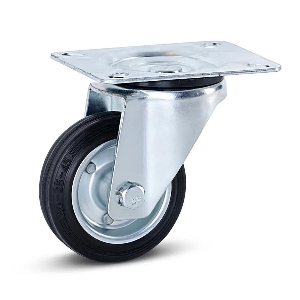 Rubber zwenkwiel met bevestigingsplaat 80mm - draagkracht 80kg - reukloos Rubber zwenkwiel met bevestigingsplaat 80mm - draagkracht 80kg - reukloos