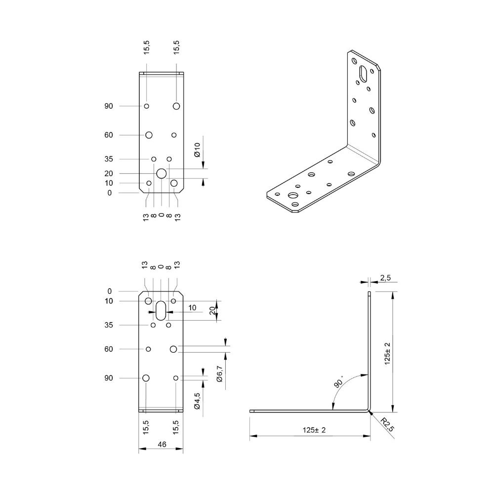Hoekanker vlak 125 x 125 x 46 x 2.5 mm verzinkt | FixMasters