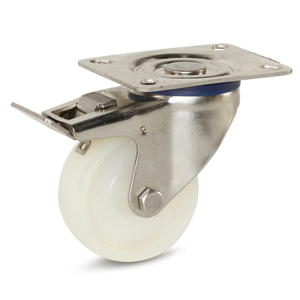 Nylon RVS zwenkwiel geremd met topplaat - 80mm - 140kg Nylon RVS zwenkwiel geremd met topplaat - 80mm - 140kg