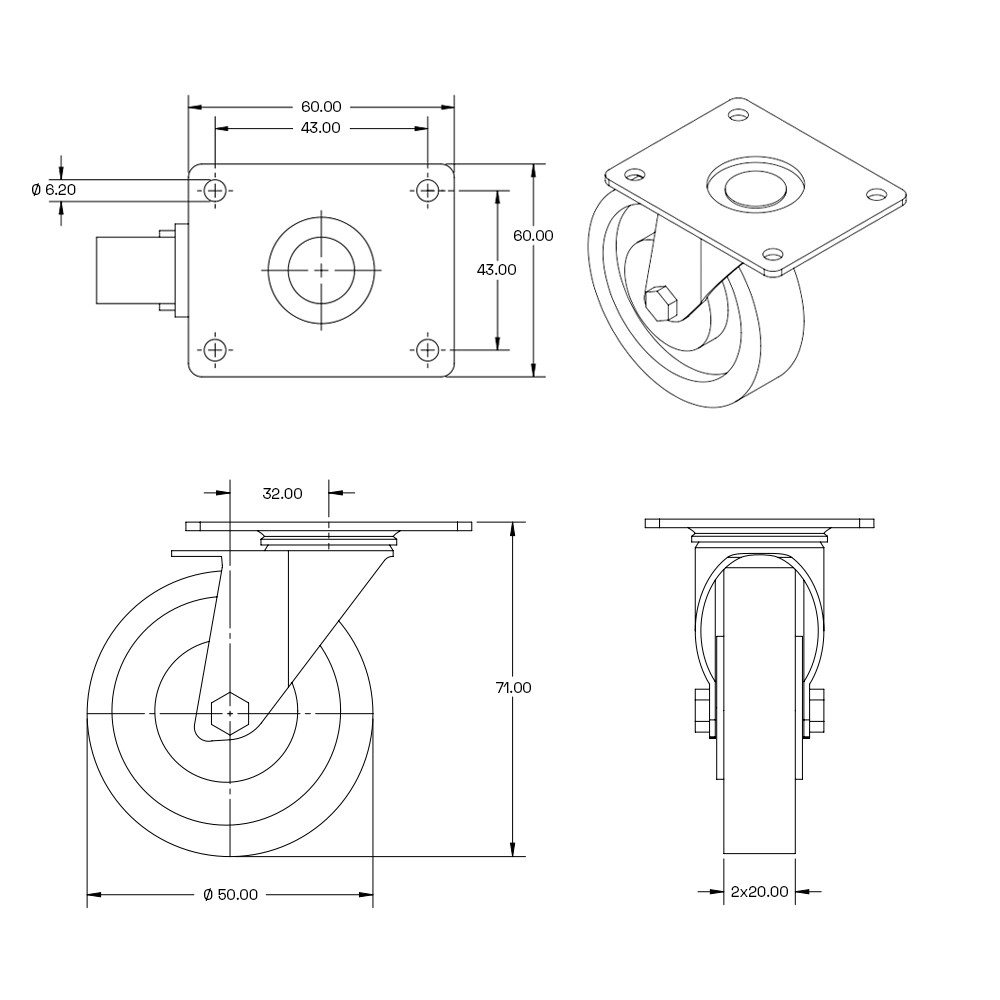 Dubbel zwenkwiel met topplaat - 50mm - 90kg Dubbel zwenkwiel met topplaat - 50mm - 90kg