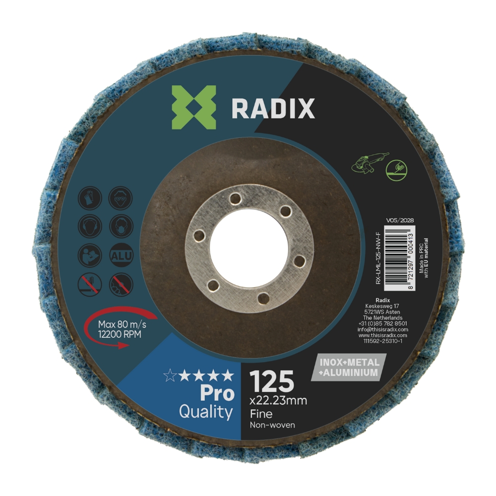 Radix - Lamellenschijf - Non-woven - Polijstschijf Inox, Staal & Aluminium - 125 x 22,23 mm - Fijn Radix - Lamellenschijf - Non-woven - Polijstschijf Inox, Staal & Aluminium - 125 x 22,23 mm - Fijn