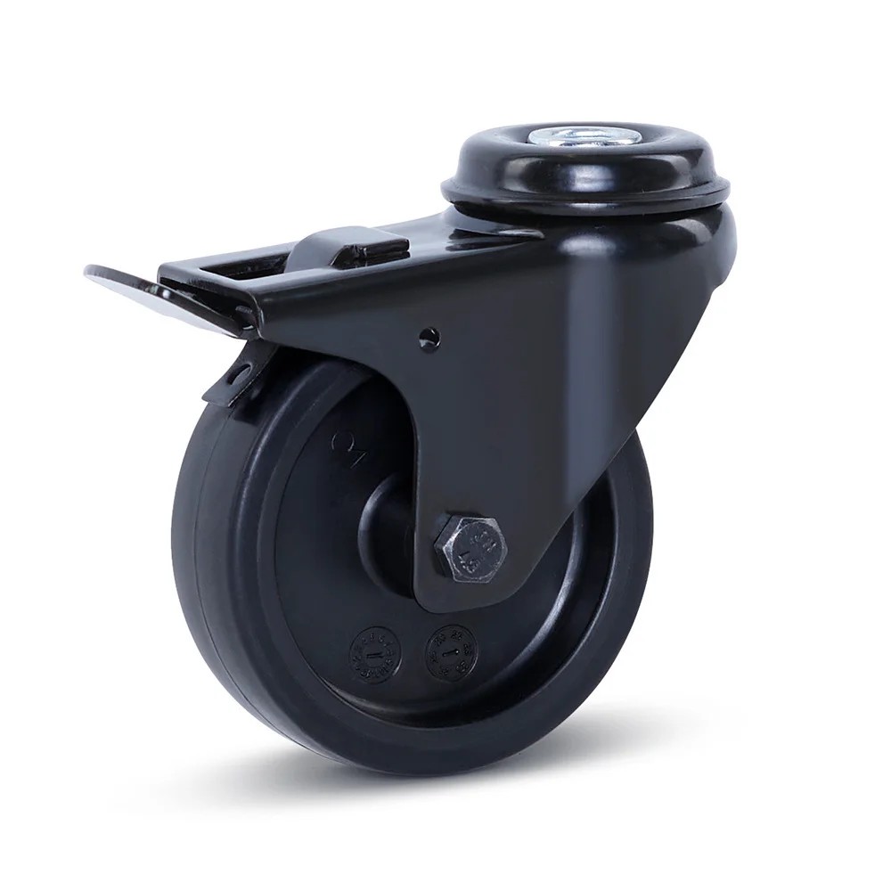 Meubel zwenkwiel zwart geremd met centraal gat - 75mm - 60kg Meubel zwenkwiel zwart geremd met centraal gat - 75mm - 60kg