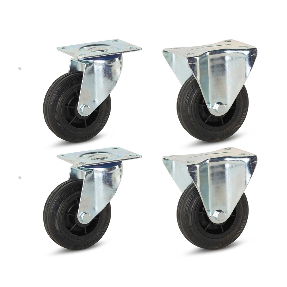 Wielen set rubber 4 stuks - 2 bokwielen + 2 zwenkwielen - Ø100mm - 75kg draagkracht per wiel