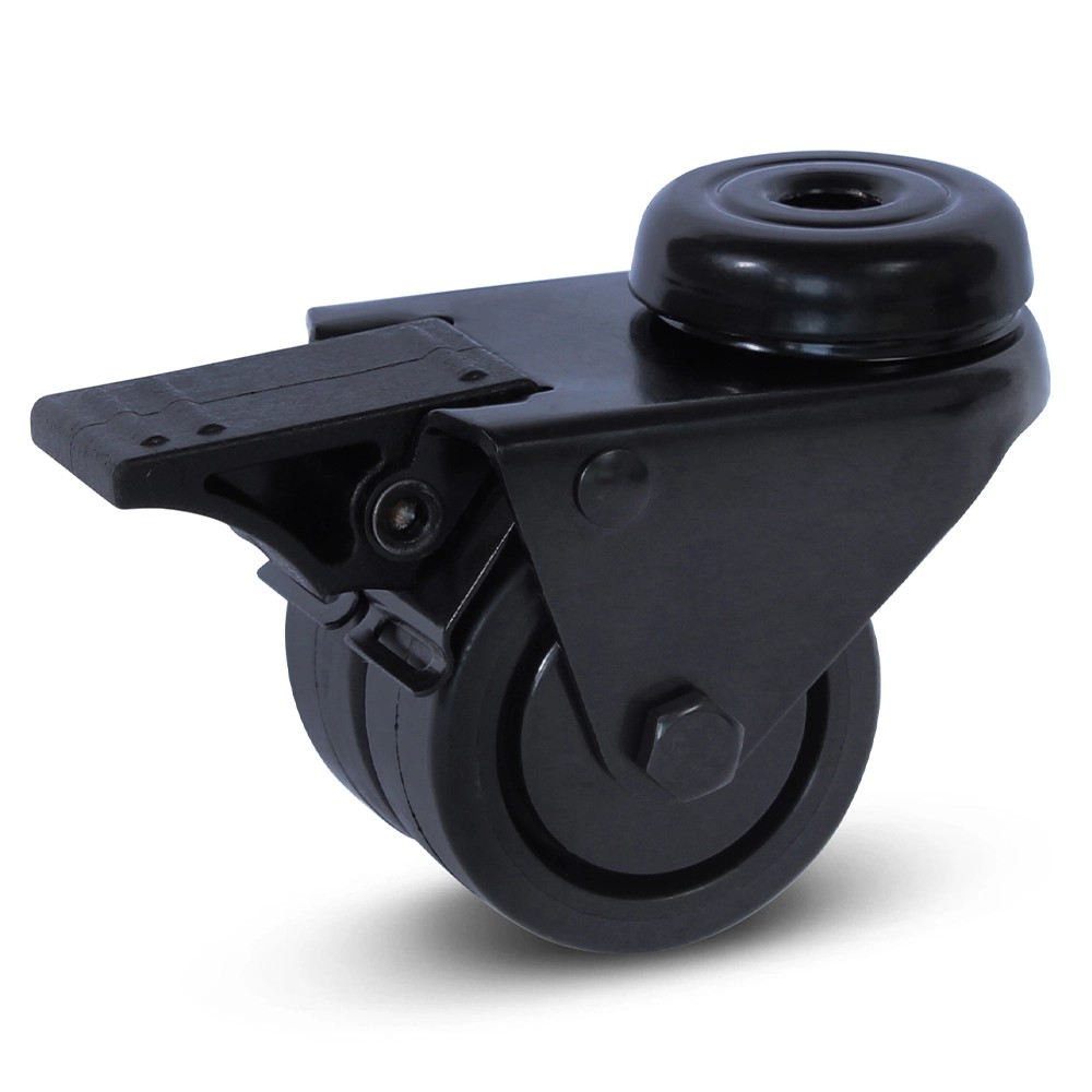 Zwart dubbel zwenkwiel geremd met centraal gat - 50mm - 90kg Zwart dubbel zwenkwiel geremd met centraal gat - 50mm - 90kg