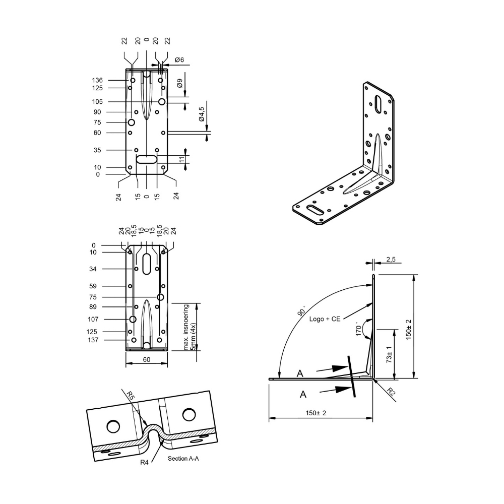 Hoekanker ril 150 x 150 x 60 x 2.5 mm verzinkt | FixMasters