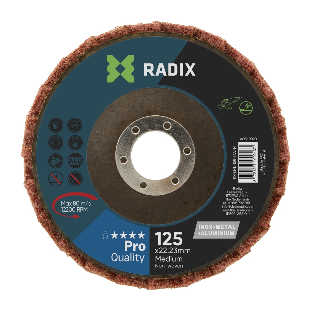 Radix - Non-woven Lamellenschijf - Polijstschijf voor Inox, Staal & Aluminium - 125 x 22,23 mm - Medium Radix - Non-woven Lamellenschijf - Polijstschijf voor Inox, Staal & Aluminium - 125 x 22,23 mm - Medium