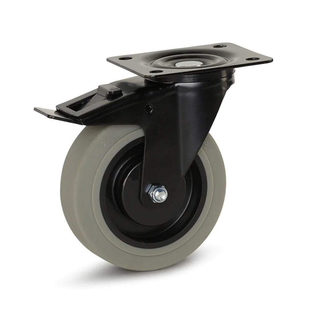 Grijs rubber zwenkwiel zwarte behuizing geremd met topplaat - 125mm - 180kg