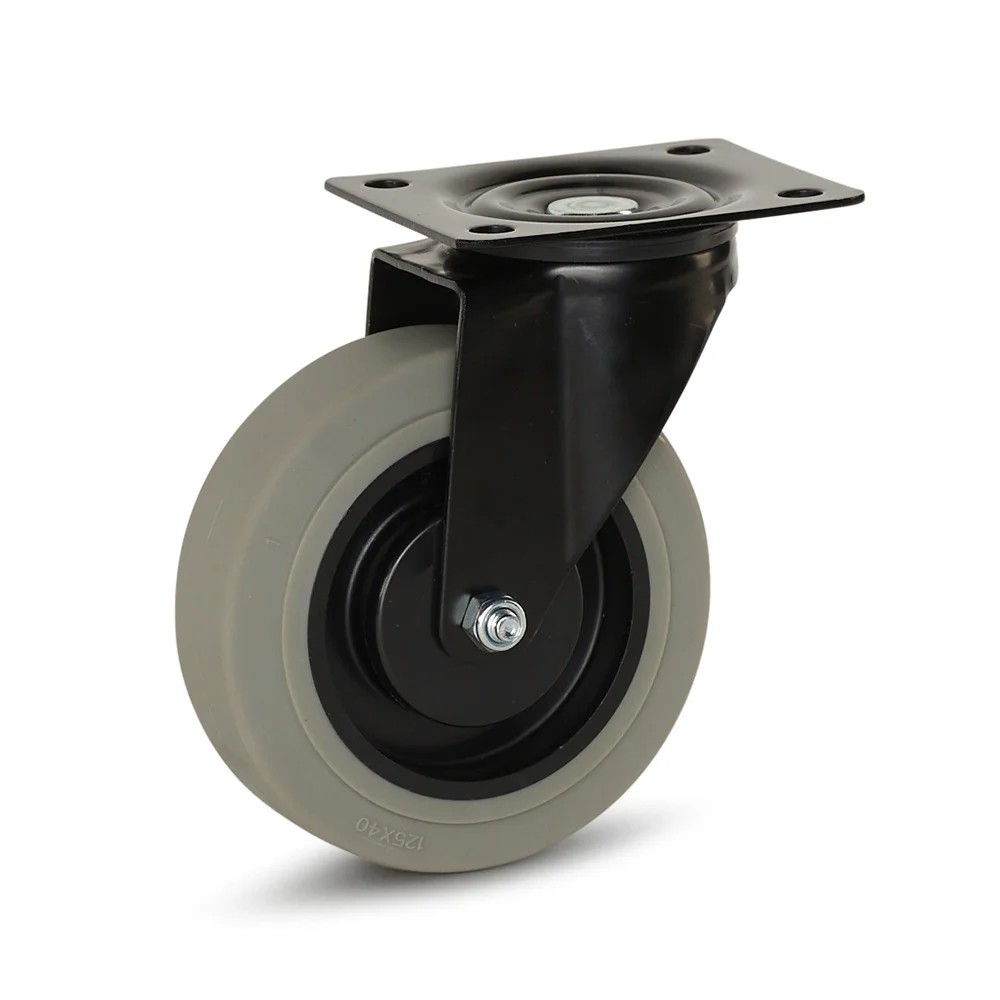 Zwenkwiel grijs rubber met zwarte behuizing en topplaat - 125mm - 180kg Zwenkwiel grijs rubber met zwarte behuizing en topplaat - 125mm - 180kg