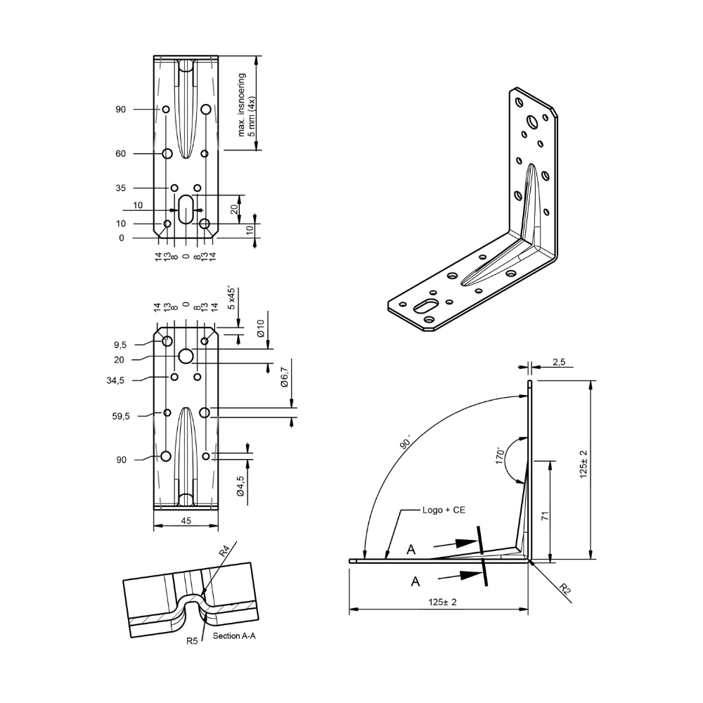 Hoekanker ril 125 x 125 x 46 x 2.5 mm zwart | FixMasters