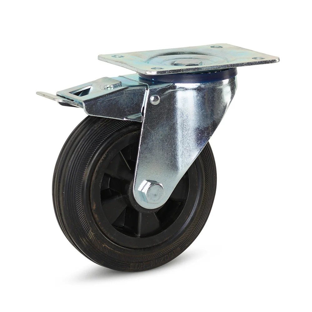 Zwenkwiel rubber geremd met topplaat - Ø160mm - 140kg Zwenkwiel rubber geremd met topplaat - Ø160mm - 140kg