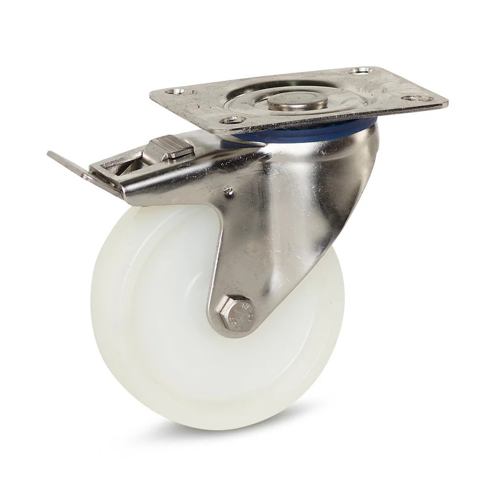RVS zwenkwiel met rem - nylon band topplaat - 100mm - 180kg RVS zwenkwiel met rem - nylon band topplaat - 100mm - 180kg