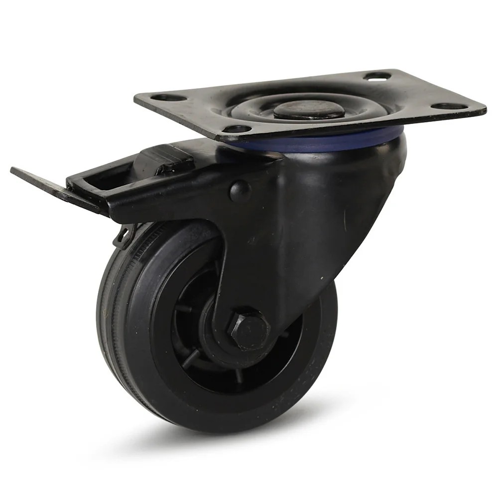 Zwart rubber zwenkwiel geremd met topplaat - 80mm - 60kg Zwart rubber zwenkwiel geremd met topplaat - 80mm - 60kg