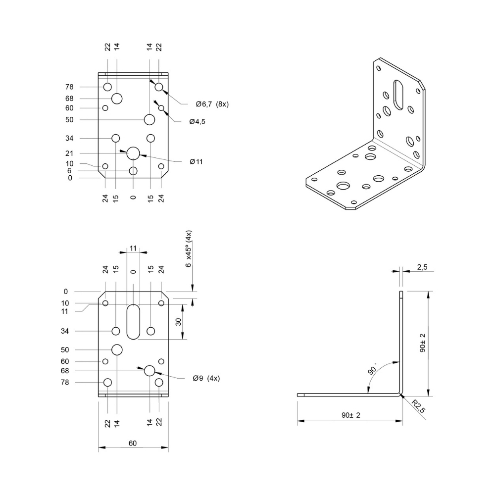 Hoekanker vlak 90 x 90 x 60 x 2.5 mm zwart | FixMasters