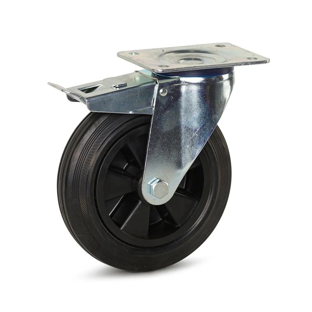 Zwenkwiel rubber geremd met topplaat - 200mm - 200kg Zwenkwiel rubber geremd met topplaat - 200mm - 200kg
