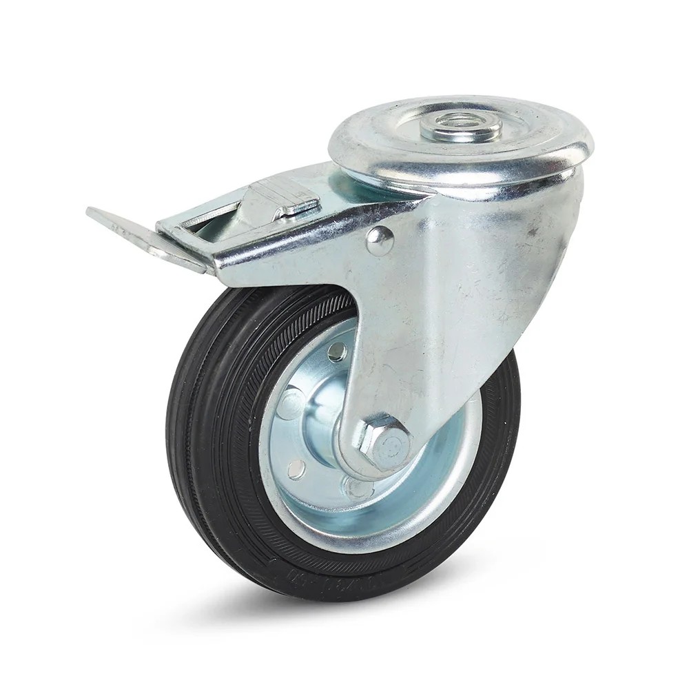 Reukloos rubber zwenkwiel geremd met centraal gat - 100mm - 100kg Reukloos rubber zwenkwiel geremd met centraal gat - 100mm - 100kg