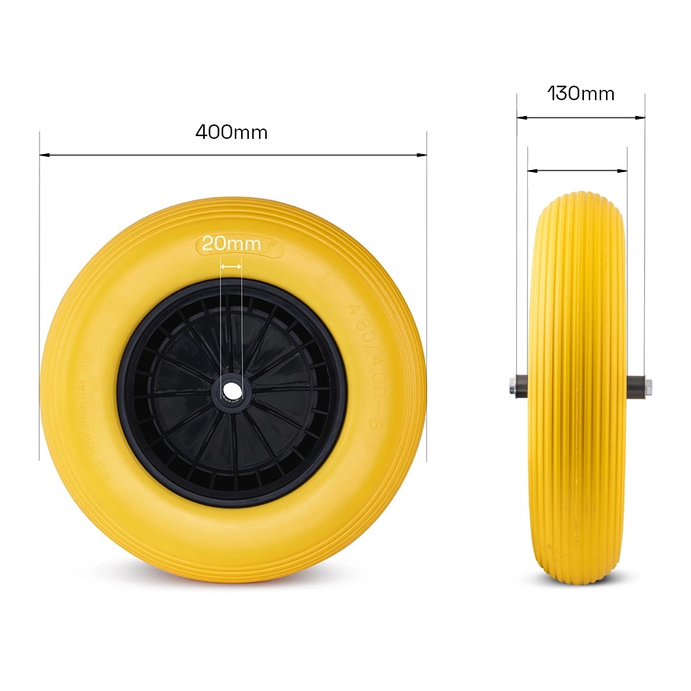 Kruiwagenwiel 400 x 8 PU plastic Geel, anti Lek, plastic velg | FixMasters Kruiwagenwiel 400 x 8 PU plastic Geel, anti Lek, plastic velg | FixMasters