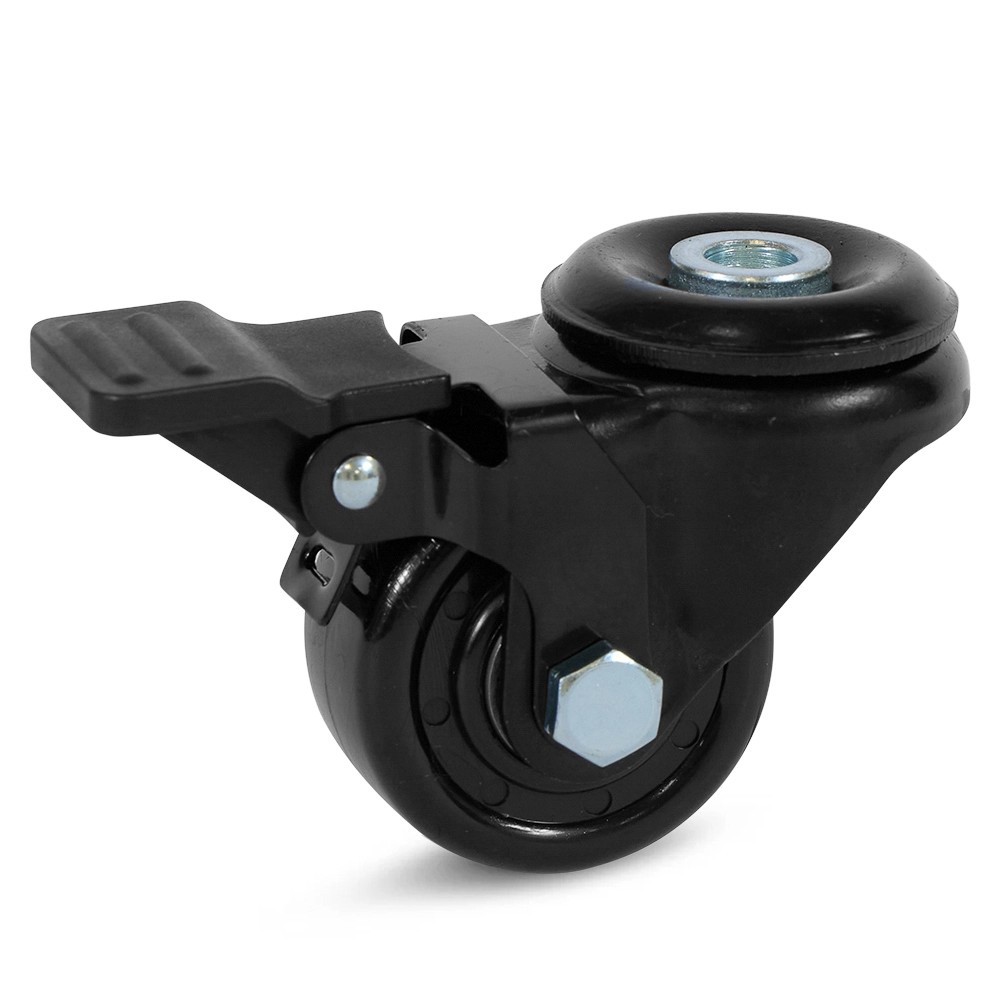 Zwart nylon zwenkwiel geremd met centraal gat - 50mm - 150kg Zwart nylon zwenkwiel geremd met centraal gat - 50mm - 150kg