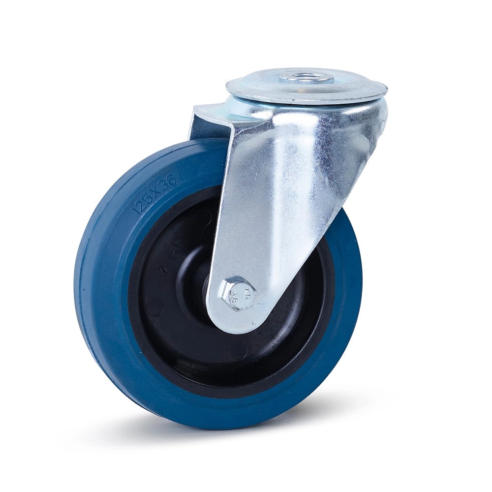 Zwenkwiel elastisch rubber blauw 125mm centraal gat - 180kg Zwenkwiel elastisch rubber blauw 125mm centraal gat - 180kg