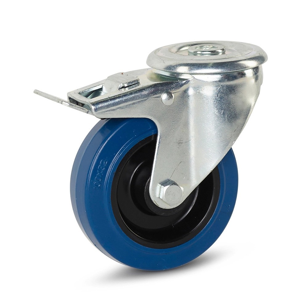 Zwenkwiel geremd elastisch rubber blauw met centraal gat - 100mm - 130kg Zwenkwiel geremd elastisch rubber blauw met centraal gat - 100mm - 130kg