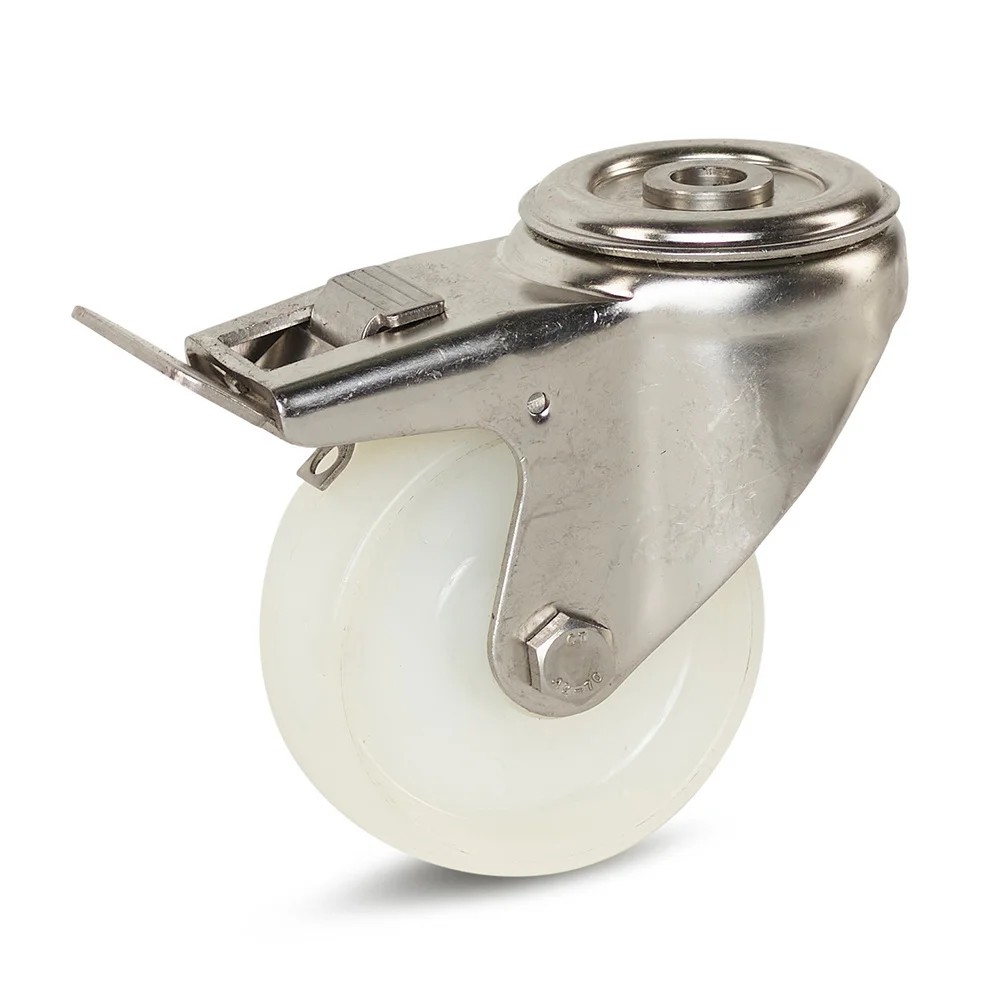 RVS zwenkwiel geremd nylon band - Ø80mm - 140kg draagkracht