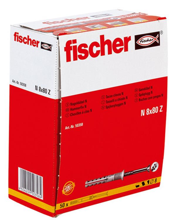 Fischer N-S Slagpluggen 8x80mm - Nagelpluggen (50 stuks)