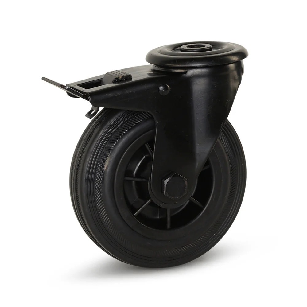 Zwart rubber zwenkwiel geremd met centraal gat - 125mm - 120kg Zwart rubber zwenkwiel geremd met centraal gat - 125mm - 120kg